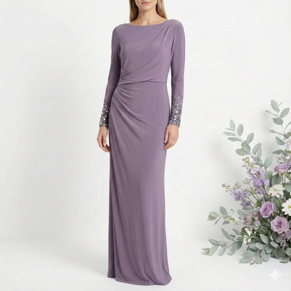 Vince Camuto Dusty Purple Ruched Gown with Embellished Cuffs